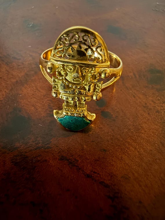 18K Solid Heavy Gold Inca Warrior Ring• Vintage A… - image 10
