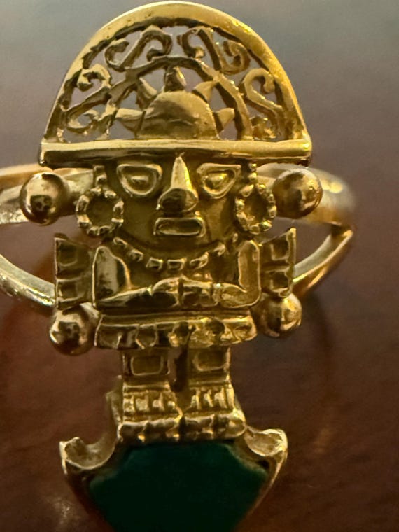 18K Solid Heavy Gold Inca Warrior Ring• Vintage A… - image 6