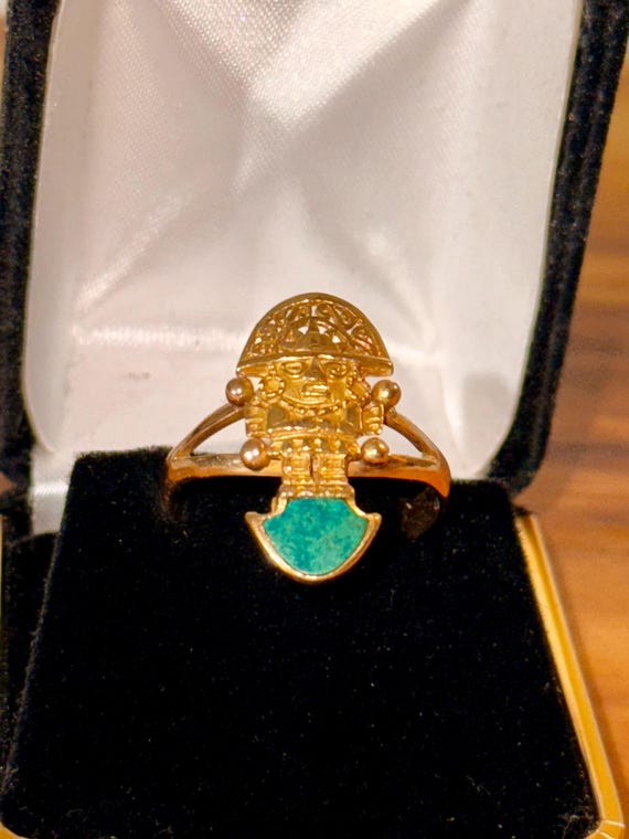 18K Solid Heavy Gold Inca Warrior Ring• Vintage A… - image 1