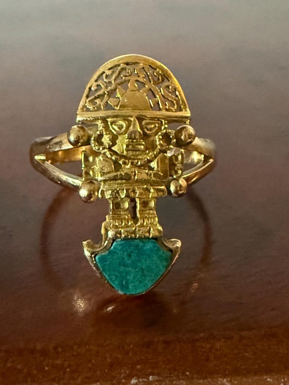 18K Solid Heavy Gold Inca Warrior Ring• Vintage A… - image 5