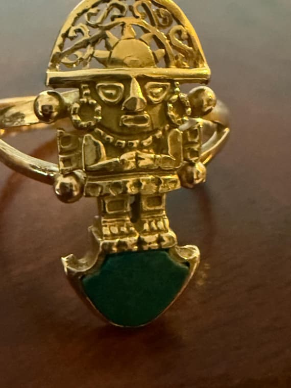 18K Solid Heavy Gold Inca Warrior Ring• Vintage A… - image 7