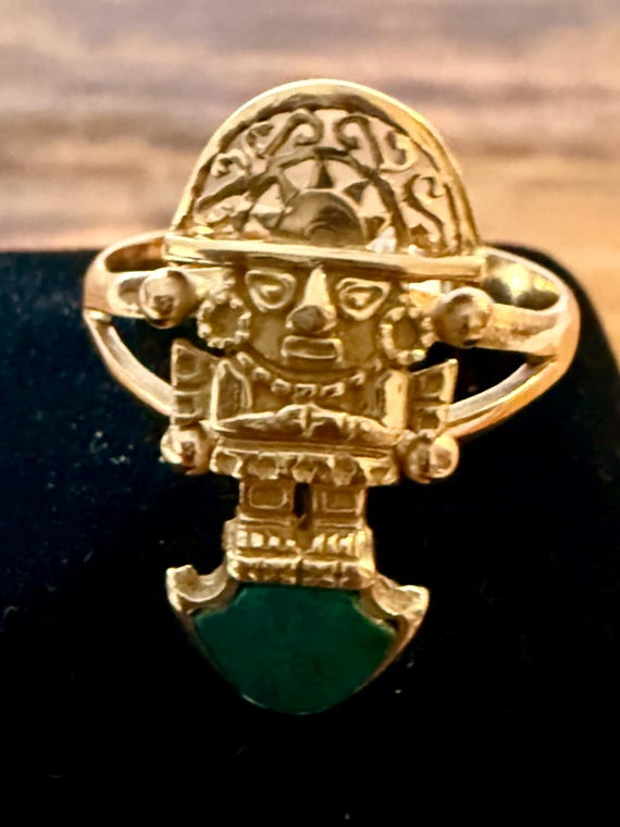 18K Solid Heavy Gold Inca Warrior Ring• Vintage A… - image 9