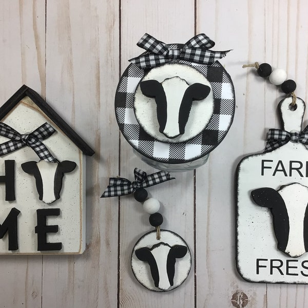 Farmhouse Cow Tiered Tray Decor: Rustic Wood Blocks