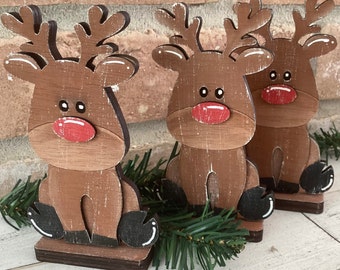 Hand-Painted Wood Reindeer: Rustic Christmas Tiered Tray Decor