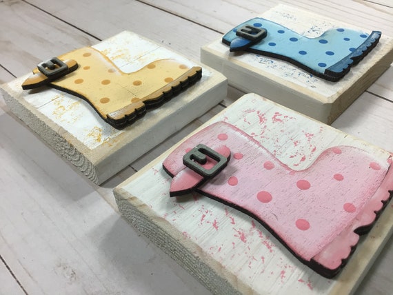 Spring Rain Boots Wood Block: Farmhouse Tiered Tray Decor