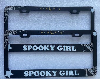 Spooky Girl License Plate Frame, Gothic Spiderweb Celestial Moon Stars Cover