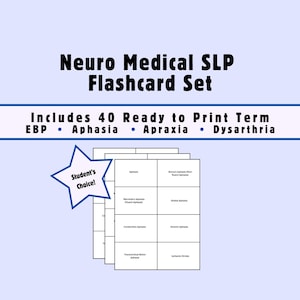 Może przedstawiać: Zestaw fiszek z napisem "Neuro Medical SLP Flashcard Set" i "Includes 40 Ready to Print Term". Karty zawierają terminy takie jak Afazja i Apraksja. Niebieska gwiazda z napisem "Student's Choice!" znajduje się po lewej stronie.
