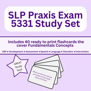 Peut inclure: Ensemble d'étude pour l'examen SLP Praxis 5331. L'image montre une pile de fiches avec une question sur le Code d'éthique de l'ASHA. L'ensemble comprend 40 fiches prêtes à imprimer couvrant les concepts fondamentaux.