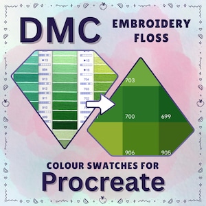 May include: An image displaying DMC embroidery floss colour swatches for Procreate. The design shows a diamond-shaped colour chart with green shades, transitioning to a triangular chart. Text includes "DMC EMBROIDERY FLOSS" and "COLOUR SWATCHES FOR Procreate."