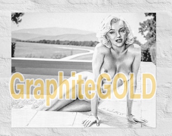 Marilyn wychodzi nago z basenu Oryginalny rysunek ołówkiem grafitowym Pobieranie cyfrowe x 5