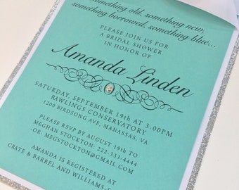 Elegant Turquoise and Silver Bridal Shower Invitations