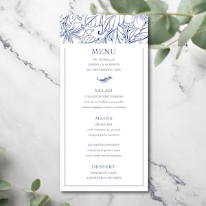 Menu de dîner de mariage IMPRIMÉ, carte de 10 x 20 cm ou 5 x 20 cm, menu de table, mariage en toile bleue, menu floral bleu royal