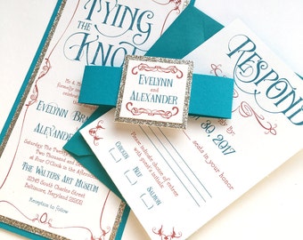 Tying the Knot Art Nouveau Wedding Invitations in Teal, Persimmon, and Champagne