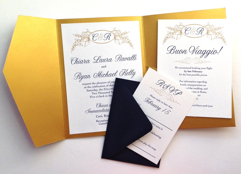 Gold and Navy Pocketfold Invitations Etsy