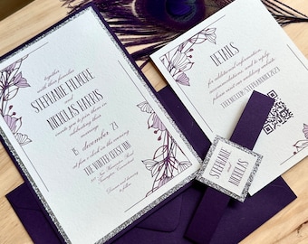 Plum and Silver Floral Wedding Invitation Suite