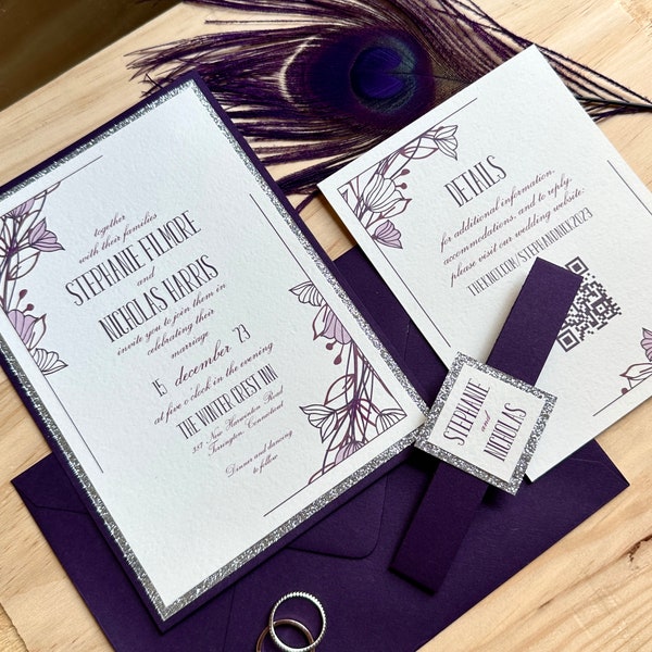 Plum and Silver Floral Wedding Invitation Suite