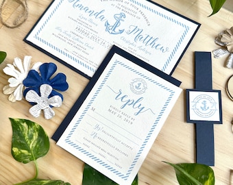 Nautical Anchor Coastal Wedding Invitations in Navy and Powder