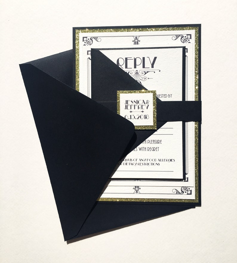 Great Gatsby 1920s Themed Wedding Invitations in Gold and