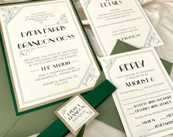 Botanical 1920s Art Deco Great Gatsby Themed Wedding Invitations in Hunter Green, Sage, and Champagne