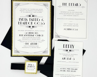 Wedding Invitations 1920s Art Deco Wedding Great Gatsby Themed Invitations in Black and Gold Wedding New Years Eve Invitations