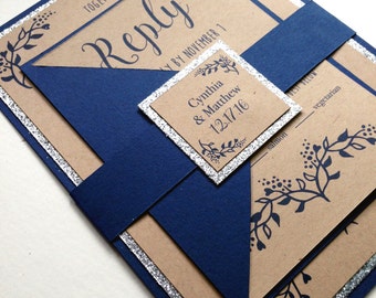 Rustic Winter Wedding Invitations in Navy and Silver