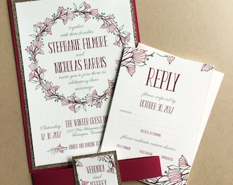 Art Nouveau Floral Wedding Invitations in Champagne, Pomegranate, and Sage