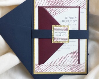 Charming Navy, Wine, and Gold wedding invitations
