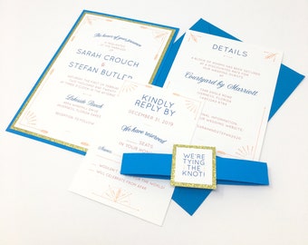 Blue, Gold, and Orange Graphic Wedding Invitations