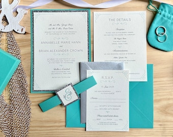 Elegant Turquoise and Silver Wedding Invitation Suite