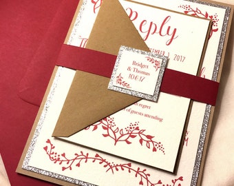 SAMPLE - Rustic Winter Wedding Invitations in Red and Silver