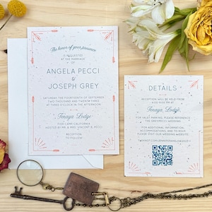 May include: Wedding invitation with a rustic design featuring a floral border and a seed paper texture. The invitation is for Angela Pecci and Joseph Grey, and it includes the date, time, and location of the wedding ceremony and reception. The invitation also includes a QR code for guests to access additional information about the wedding.
