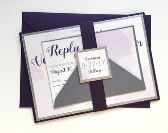 Watercolor Wedding Invitations in Plum and Silver