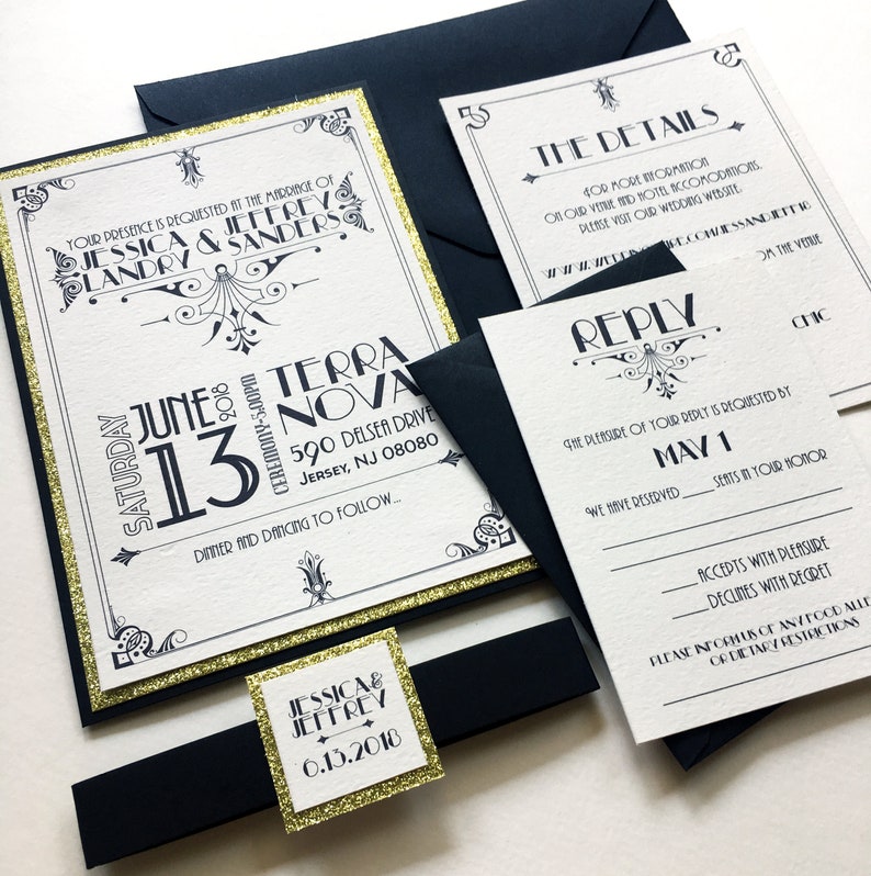 Great Gatsby 1920s Themed Wedding Invitations in Gold and