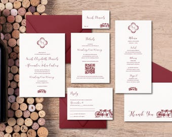 May include: A wine bottle with a red label and a collection of wedding stationery. The stationery includes invitations, details cards, menu, reply cards, and thank you cards. The design features a burgundy color scheme and bicycle illustrations.