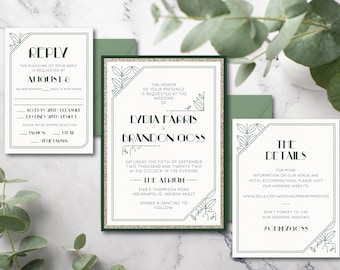 DIGITAL Wedding Invitations Art Deco Wedding Invites Gatsby Wedding 1920s Garden Wedding Invitations Simple Floral Green Wedding Invitations