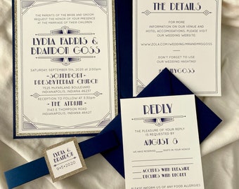 1920s Art Deco Great Gatsby Themed Wedding Invitations in Navy and Champagne