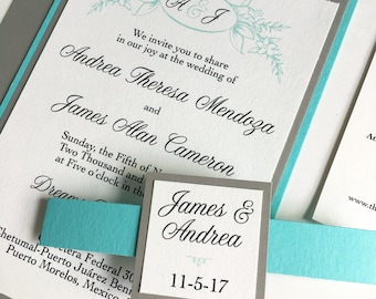 Grey and Turquoise Romantic Destination Wedding Invitations