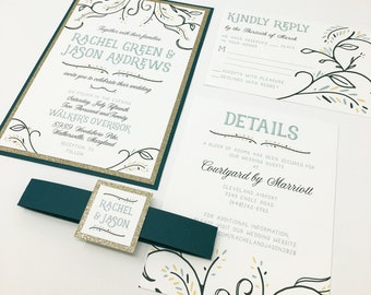 Evergreen and Champagne Floral Wedding Invitations