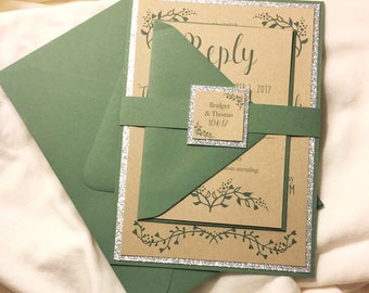 Rustic Winter Wedding Invitations in Green, Kraft, and Silver