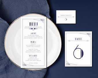 PRINTED Wedding Dinner Menu, 4x8" or 5x7" Card, Table Menu, Escort Cards, Table Numbers, Gatsby Wedding, Art Deco, Roaring 20s Day-Of Suite