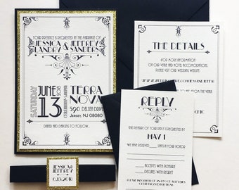 Great Gatsby 1920s Themed Wedding Invitations in Gold and Black