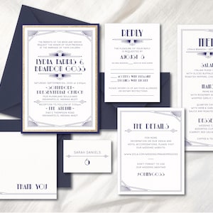 Wedding Invitations 1920s Art Deco Wedding Great Gatsby Themed Invitations in Navy and Champagne Wedding New Years Eve Invitations
