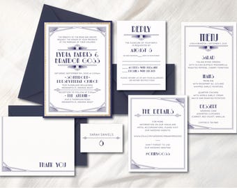 Invitaciones de boda Art Deco de los años 20 Invitaciones de boda con temática de Gran Gatsby en azul marino y champán Invitaciones de Nochevieja
