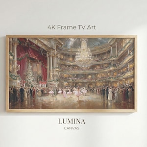 Może przedstawiać: Oprawiony wydruk na płótnie przedstawiający klasyczne przedstawienie baletowe w wielkim teatrze. Grafika przedstawia żyrandol, tancerzy i publiczność. Widoczny jest tekst "4K Frame TV Art" i "LUMINA CANVAS".