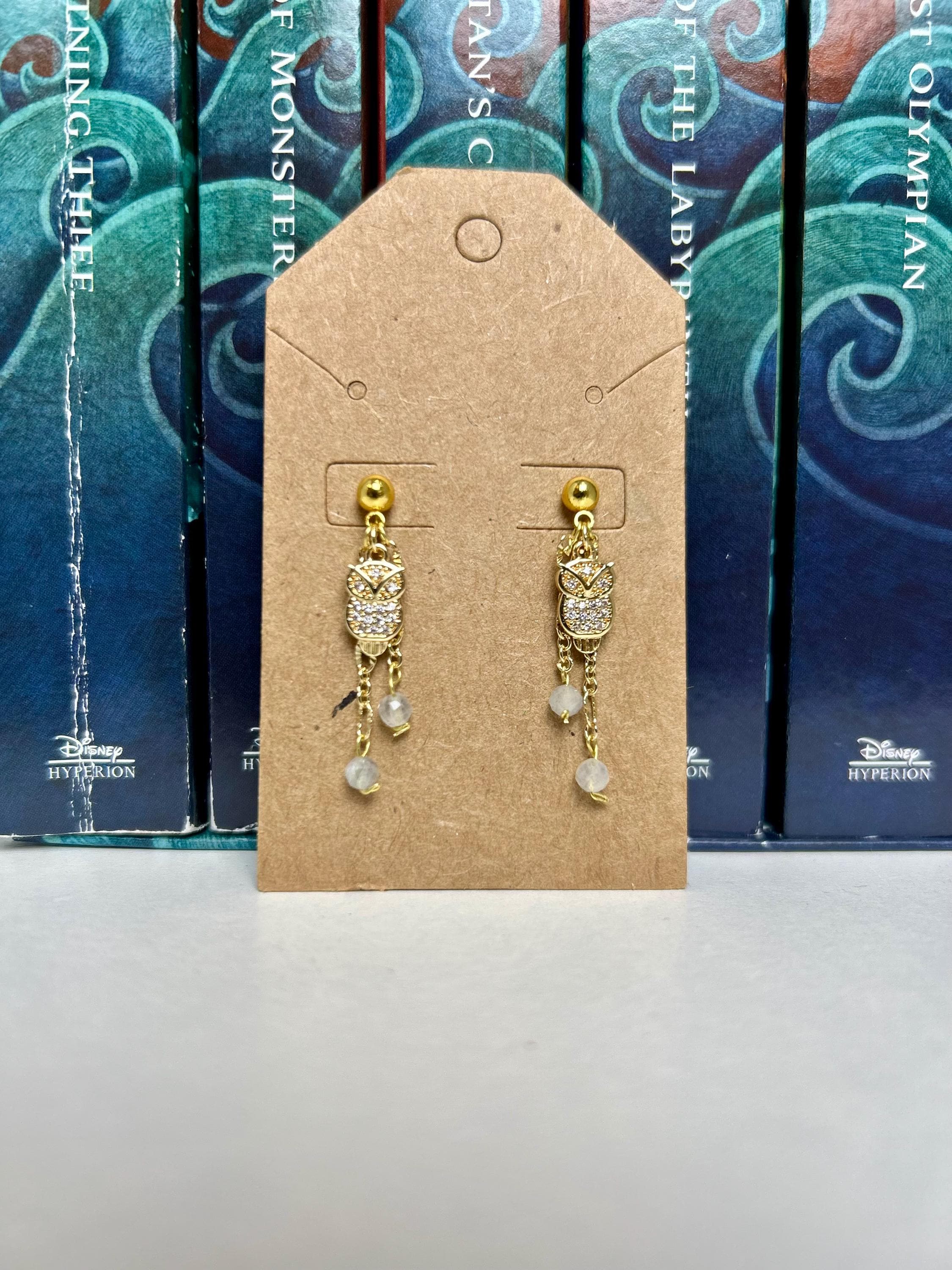 Percy inspired, Athena Owl dangle earrings, Crystal, Annabeth Gray, rhinestone Gold plated, Jackson 