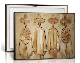 Four Charro Figures Neutral Cream Canvas Wall Art, Mexican Folk Painting Southwestern Decor
