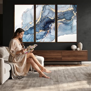 Blue Abstract Wall Art Canvas Print – Blue Vein Marble Style Modern Large Statement Artwork