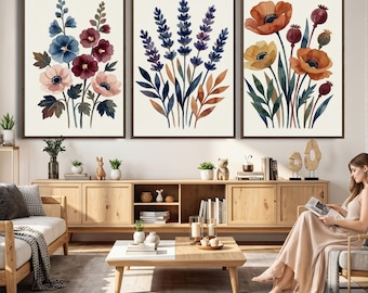 Watercolor Botanical Triptych Canvas Art, Minimalist Floral Wall Decor, Boho Scandinavian Nature Print