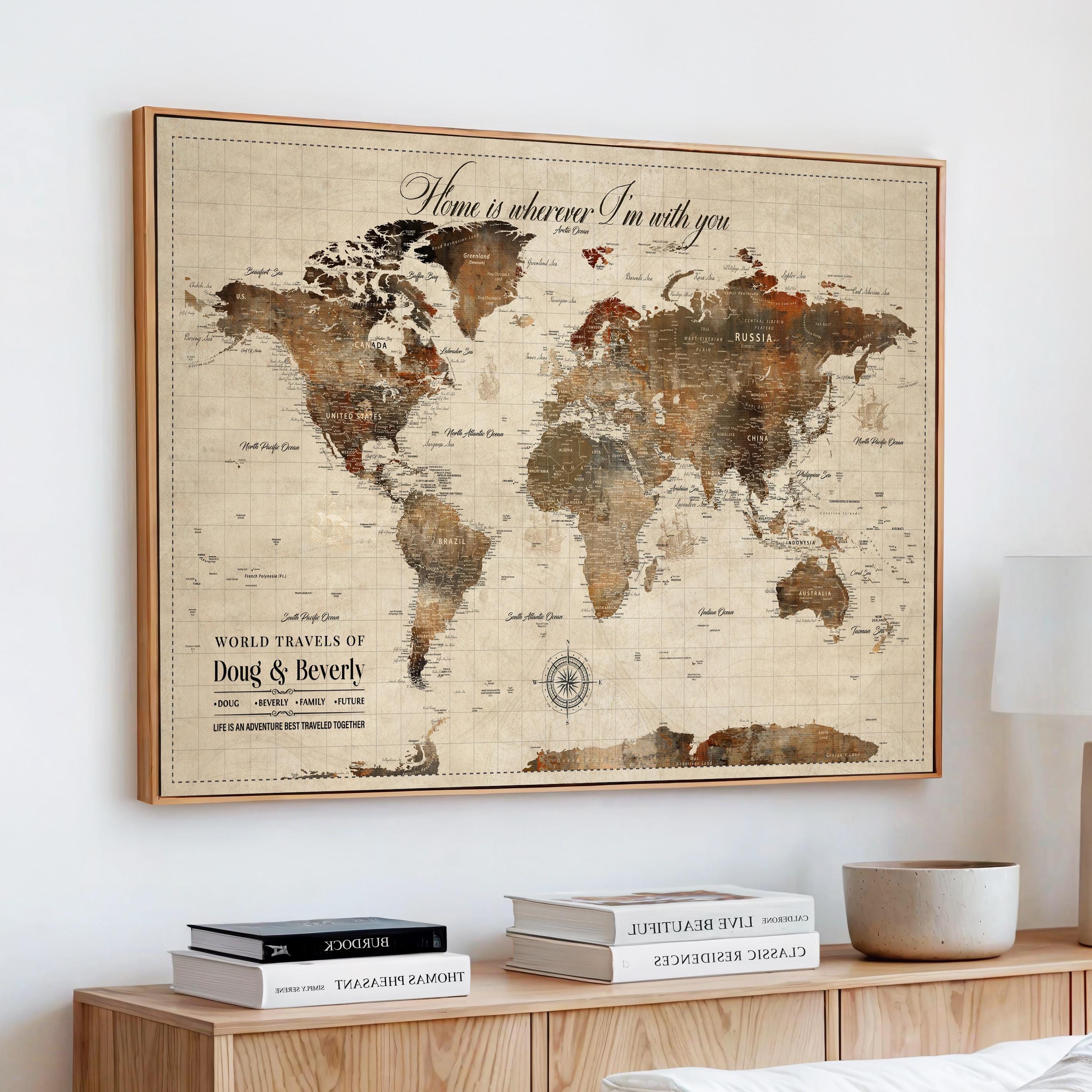 Custom Push Pin World Map Canvas, Personalized Travel Adventure Decor ...