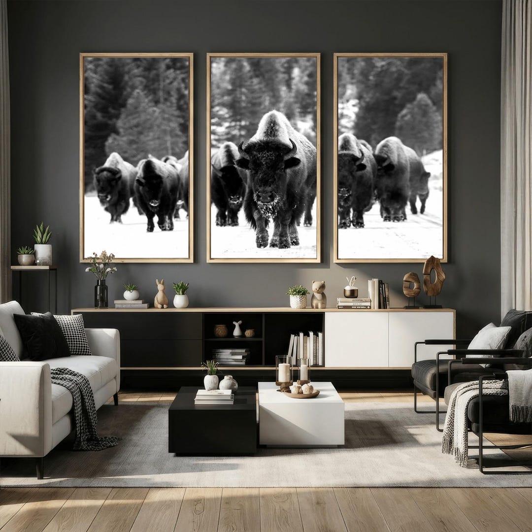 Bison Wall Art Canvas Print, Black and White Buffalo Herd Wildlife ...